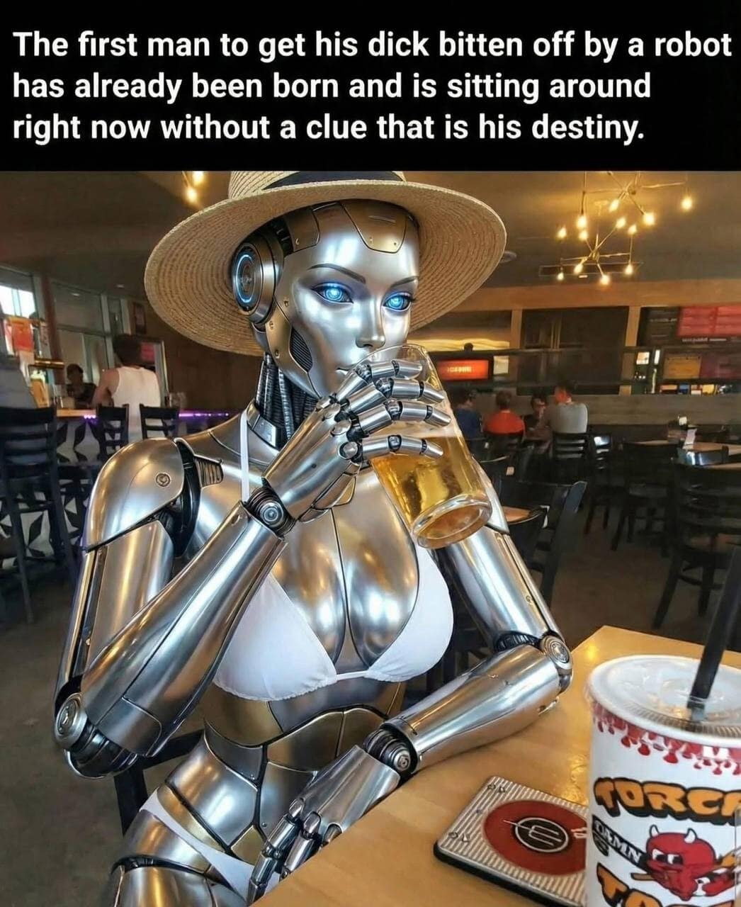 A hilarious meme showing a female robot drinking beer with text about a future robot accident.