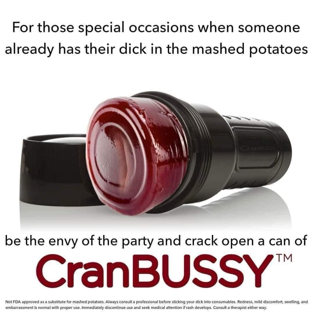 A photo of a cranberry sauce product labeled CranBussy with a suggestive caption about thanksgiving.