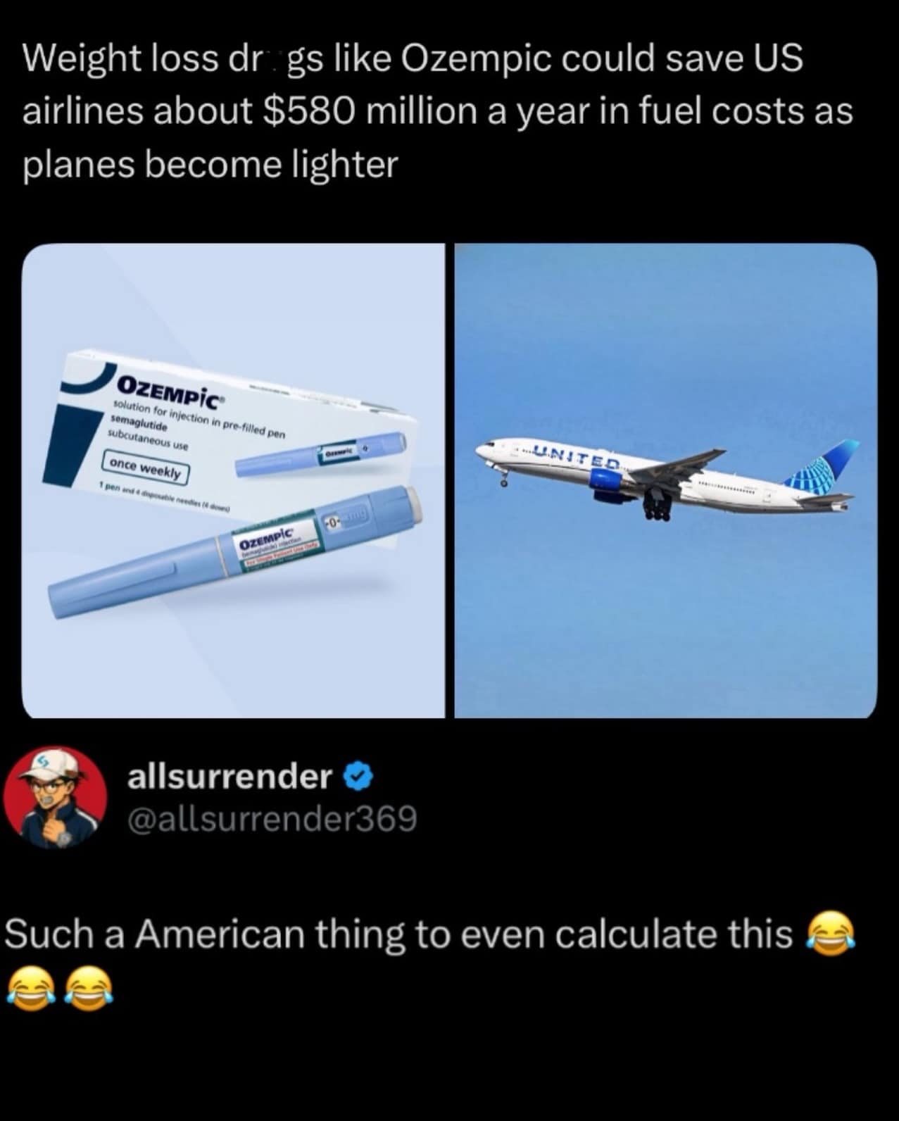 A hilarious meme headline claiming Ozempic could save airlines millions in fuel costs due to lighter passengers.