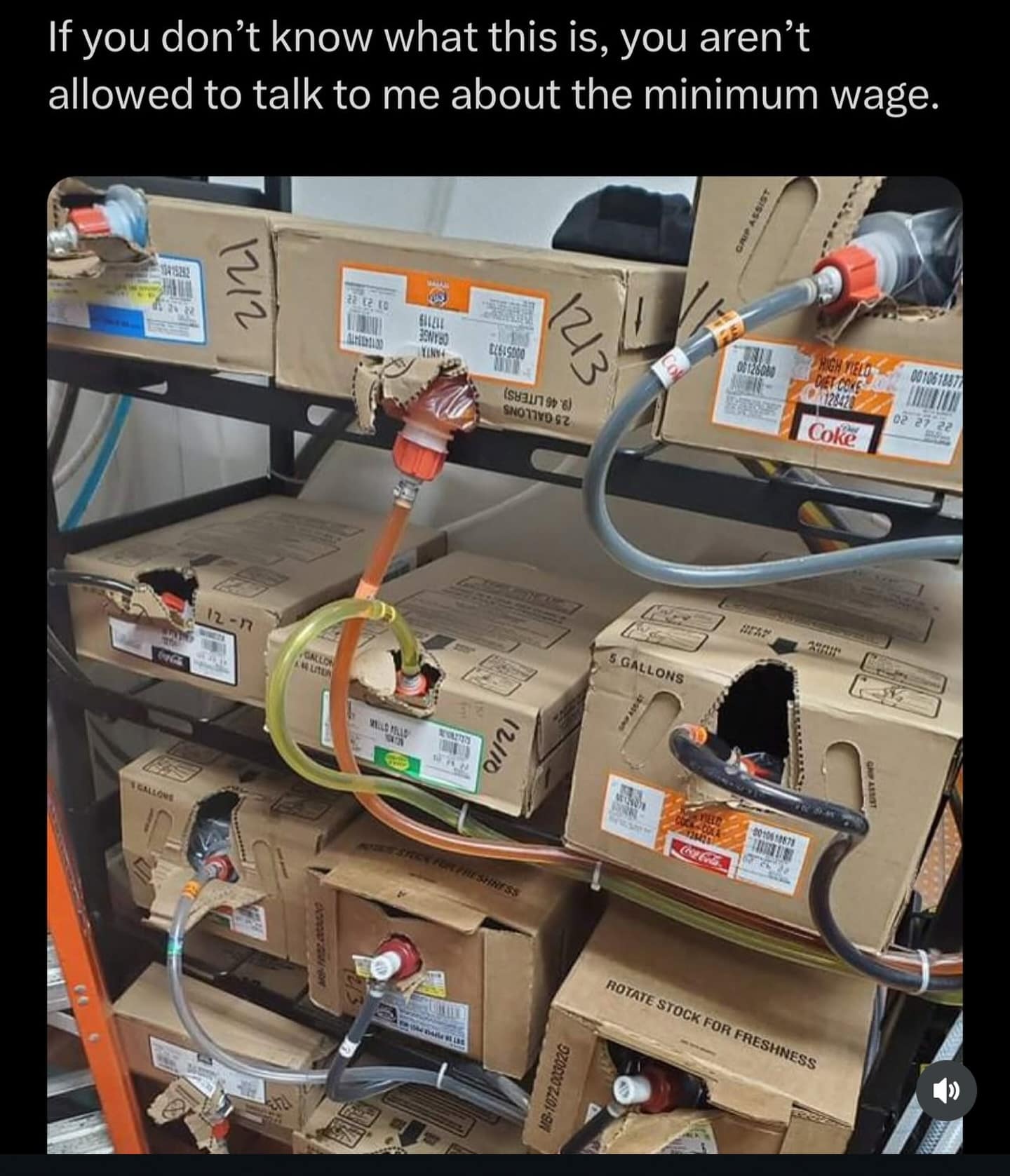 A funny meme photo of restaurant soda syrup boxes, captioned gatekeeping the minimum wage conversation.