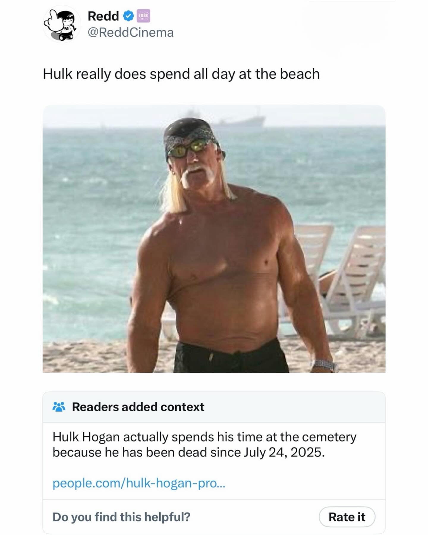 A meme dump tweet showing Hulk Hogan at the beach with a fake Community Note claiming he has been dead since 2025.