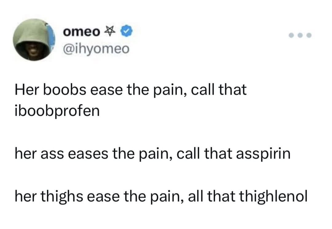 A funny meme tweet making puns out of body parts and painkillers like iboobprofen.