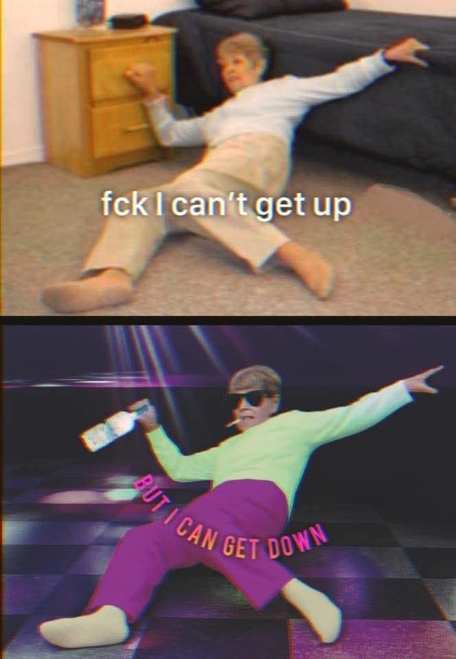A two panel meme of an elderly woman falling saying I can't get up then breakdancing saying but I can get down.