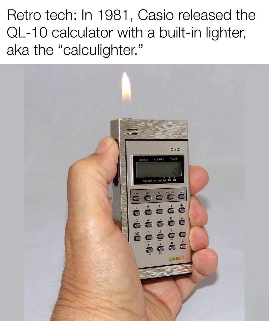 A funny meme showing a retro Casio calculator that also functions as a cigarette lighter.