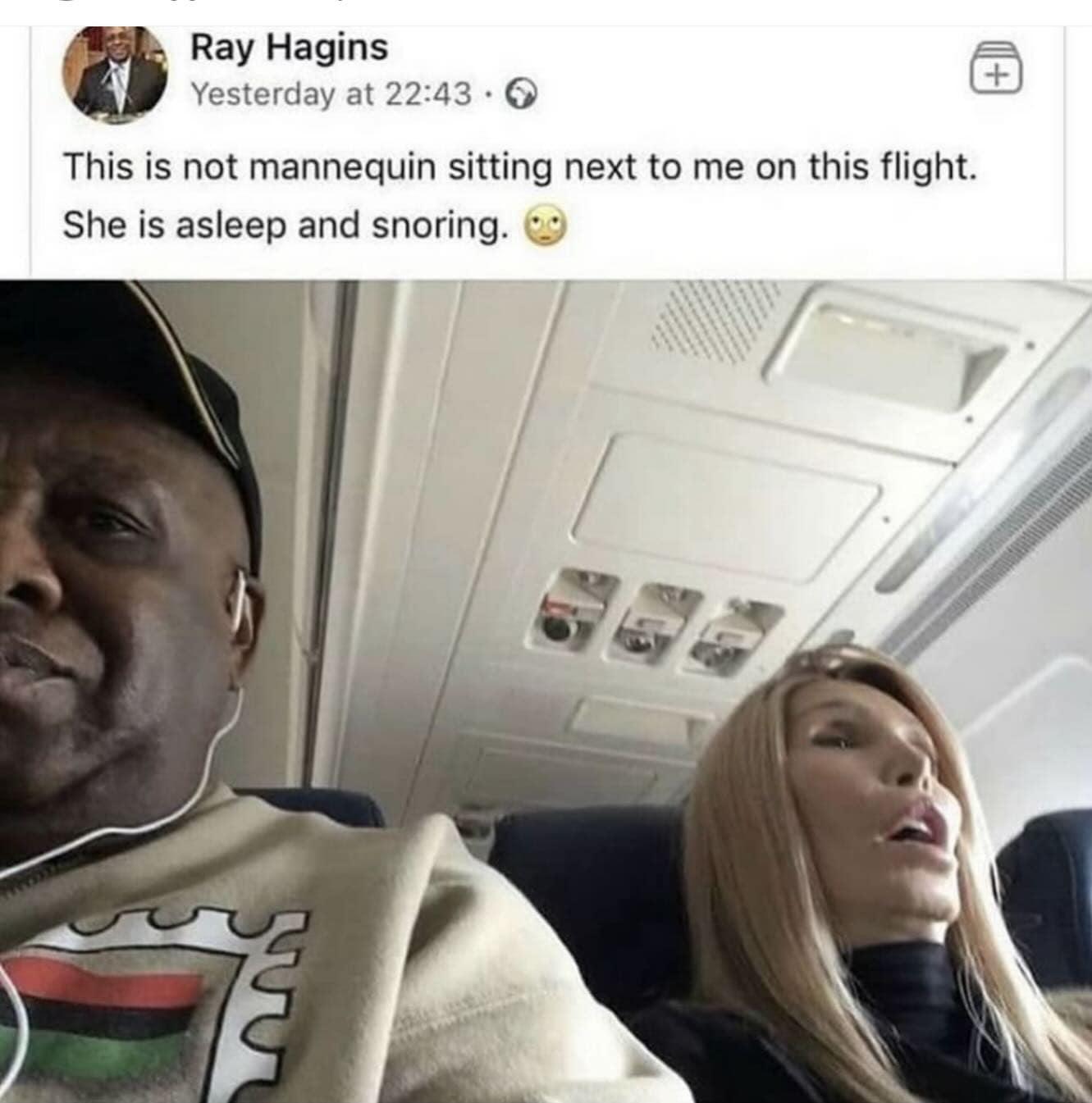 A funny meme photo of a man looking concerned next to a passenger who looks like a plastic mannequin.