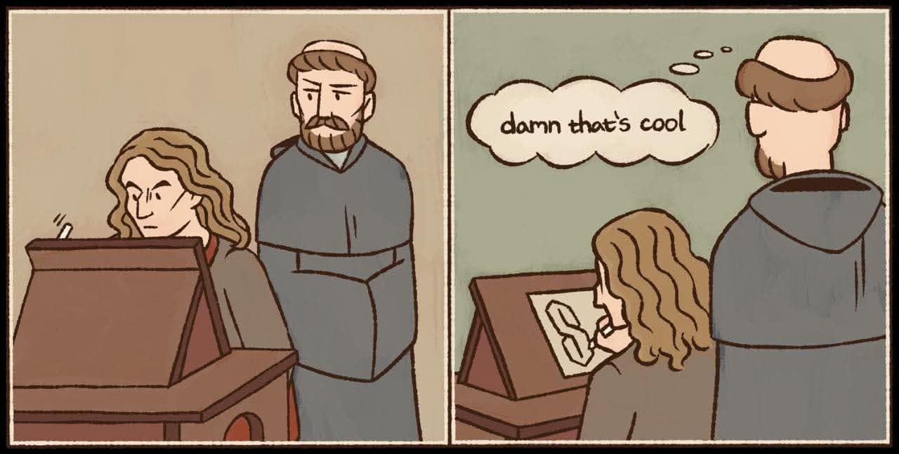 A funny meme comic showing a medieval monk impressed by another monk drawing the Cool S symbol.