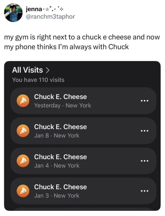 A meme dump tweet showing a phone's location history confusing a gym visit with the Chuck E. Cheese next door.