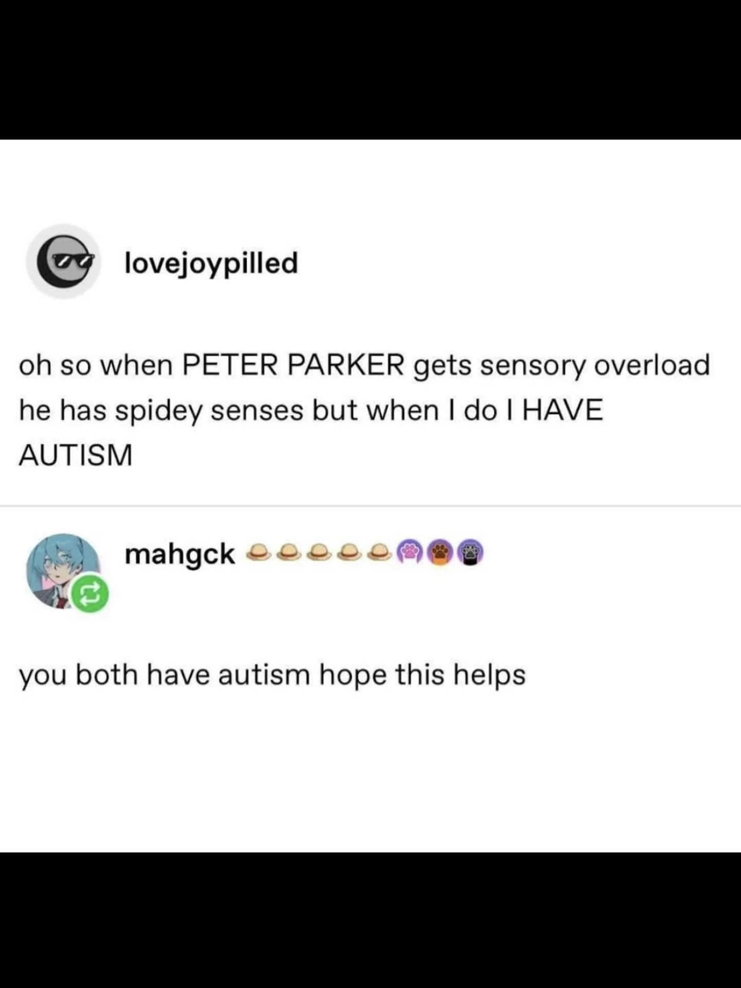 A hilarious meme Tumblr interaction comparing Peter Parker's spidey senses to sensory overload and autism.