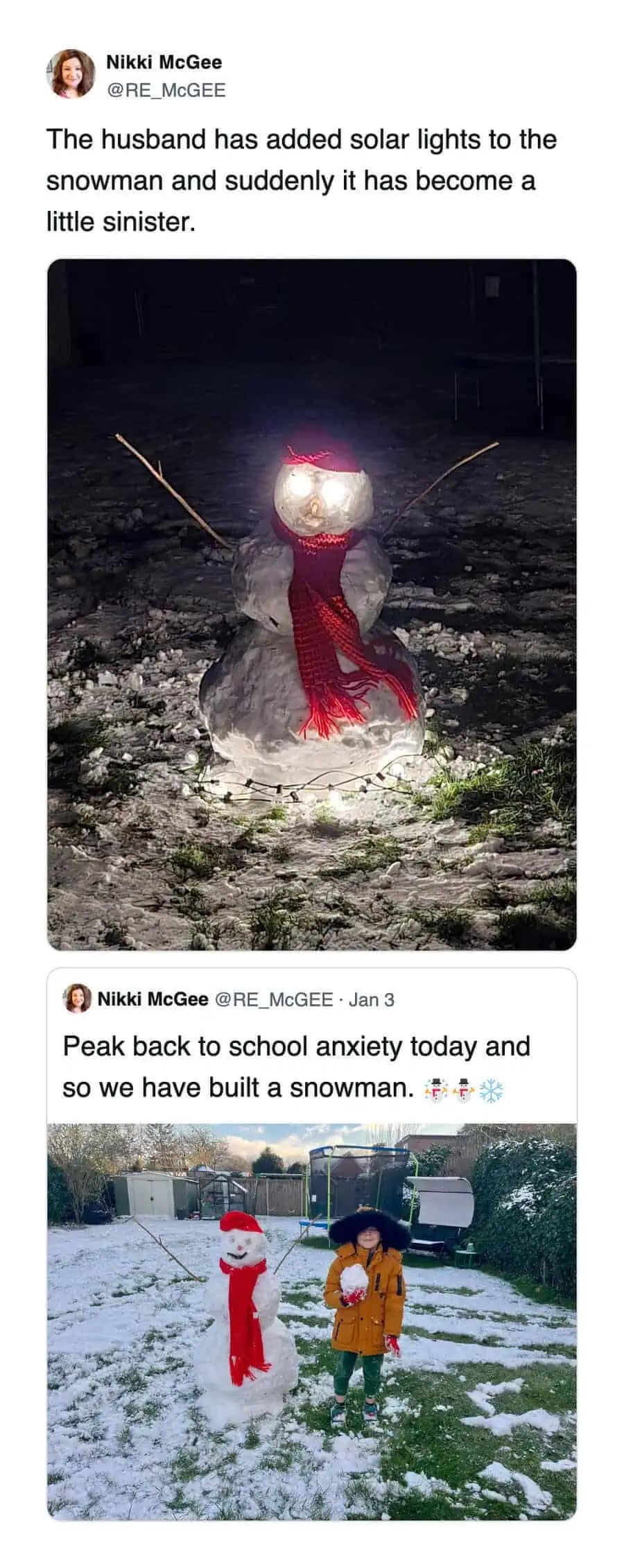 A meme dump photo showing a snowman with glowing demon eyes caused by solar lights placed inside.