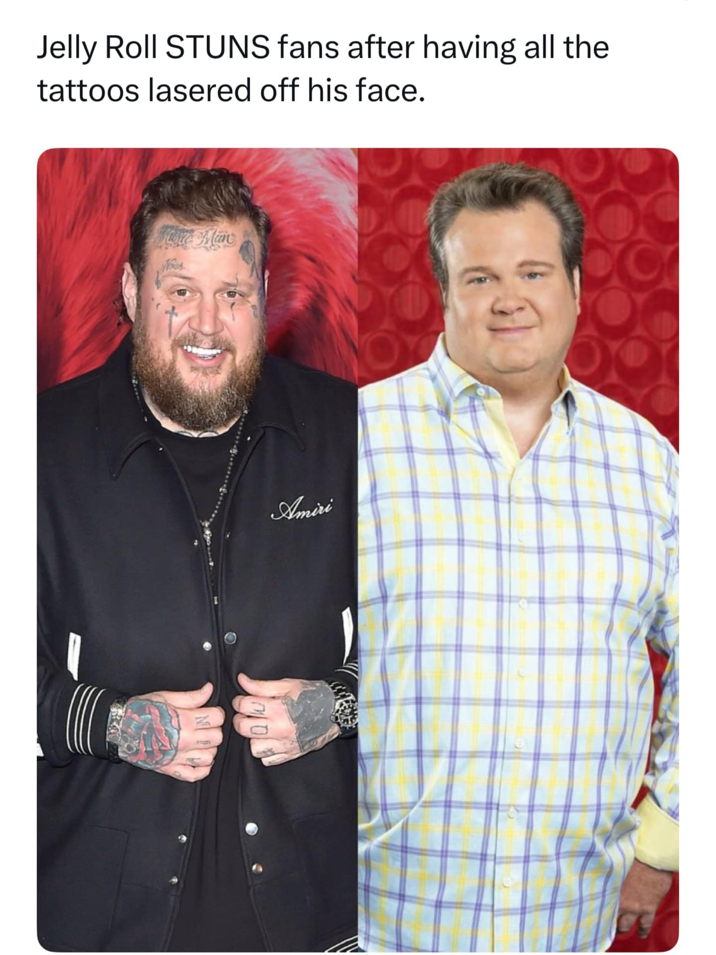 A funny meme edit showing Jelly Roll without face tattoos looking like a normal suburban dad.