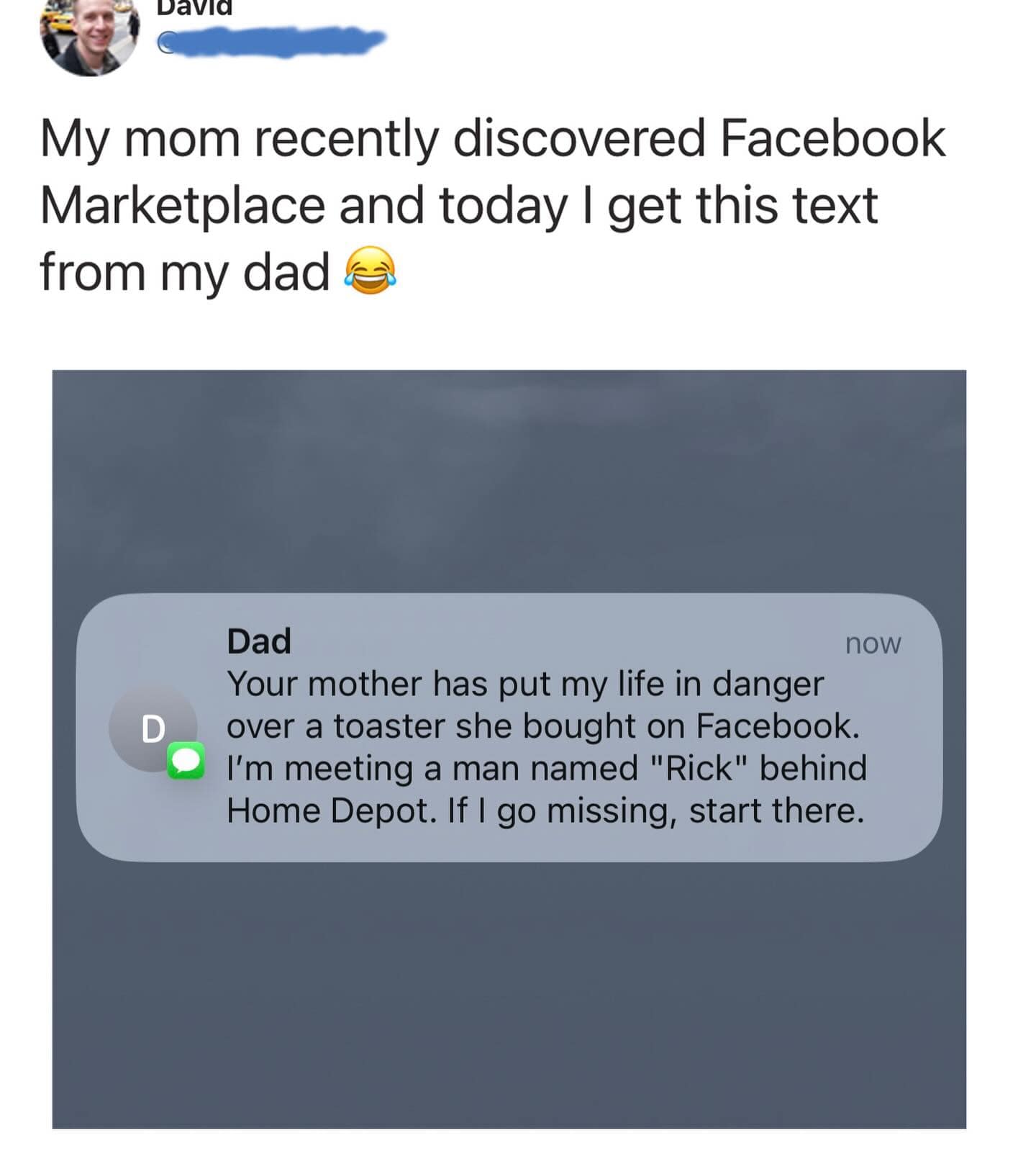 A hilarious meme text message from a dad fearing for his life because the mom arranged a Facebook Marketplace pickup.