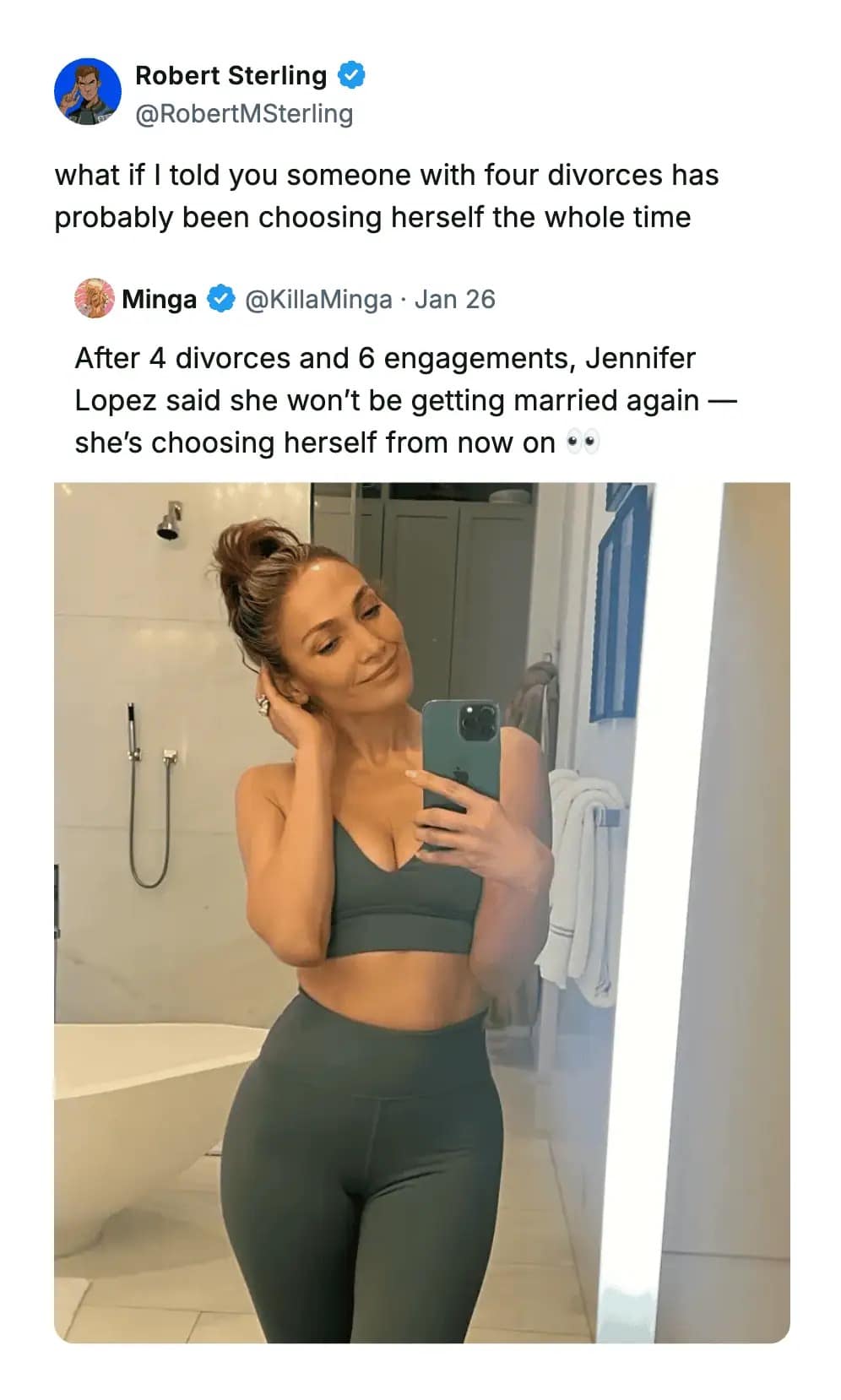 A funny meme featuring Jennifer Lopez taking a mirror selfie with a caption about her deciding to "choose herself" after four divorces.