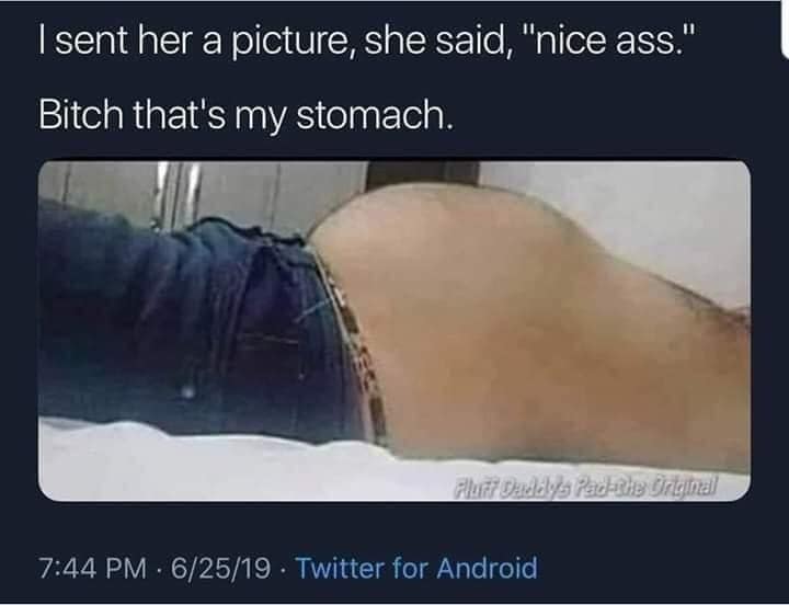 A hilarious meme text exchange where someone mistakes a photo of a hairy stomach for a "nice a**."