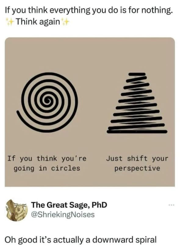 A funny meme diagram converting a spiral "going in circles" to a "downward spiral" based on perspective.