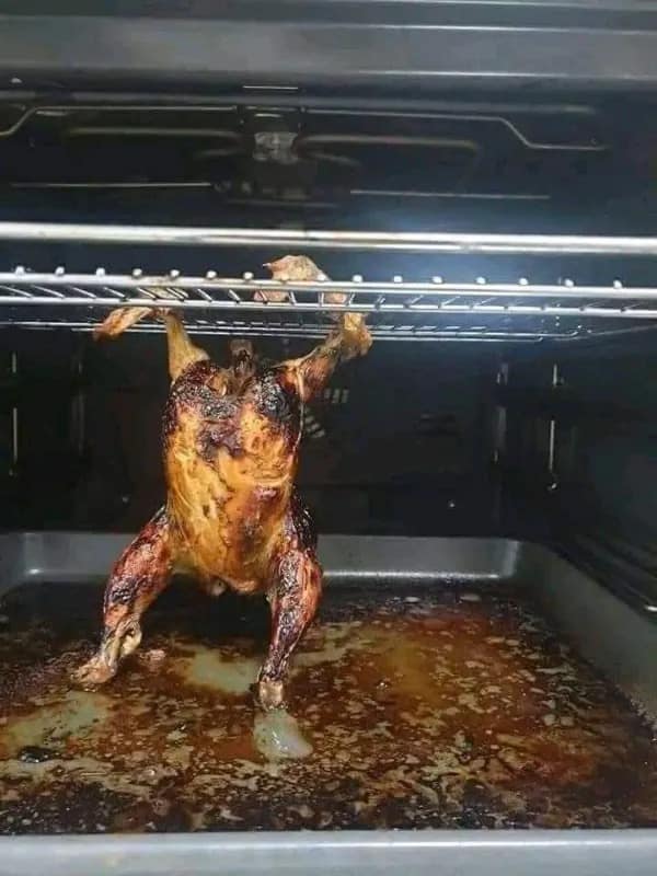A hilarious meme photo of a cooked chicken appearing to hang from the oven rack by its wings like it's doing a pull-up.