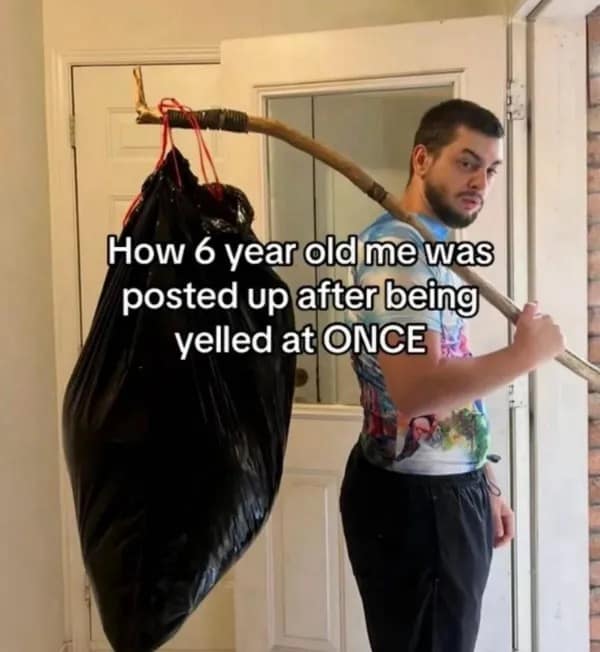 A funny meme of a man standing at a door with a trash bag on a stick, representing how a 6-year-old plans to "run away" after getting yelled at once.