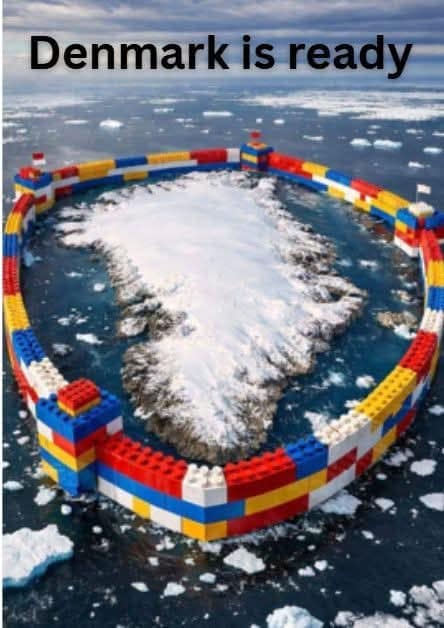 A funny meme showing Greenland surrounded by a giant wall of LEGO bricks to protect it.