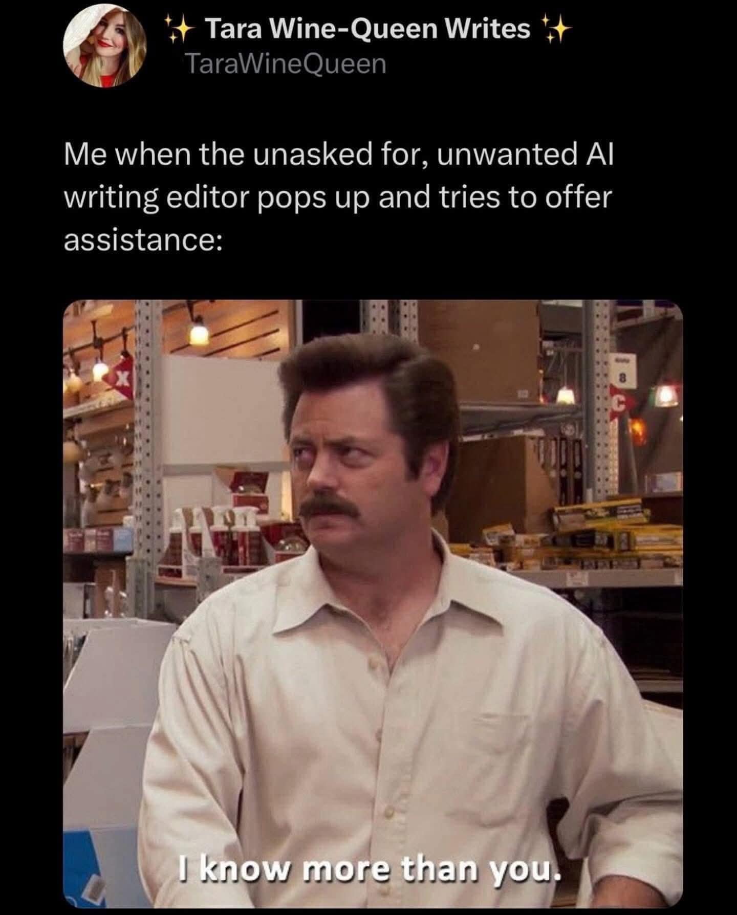 A funny meme of Ron Swanson telling an AI writing assistant that he knows more than it does.