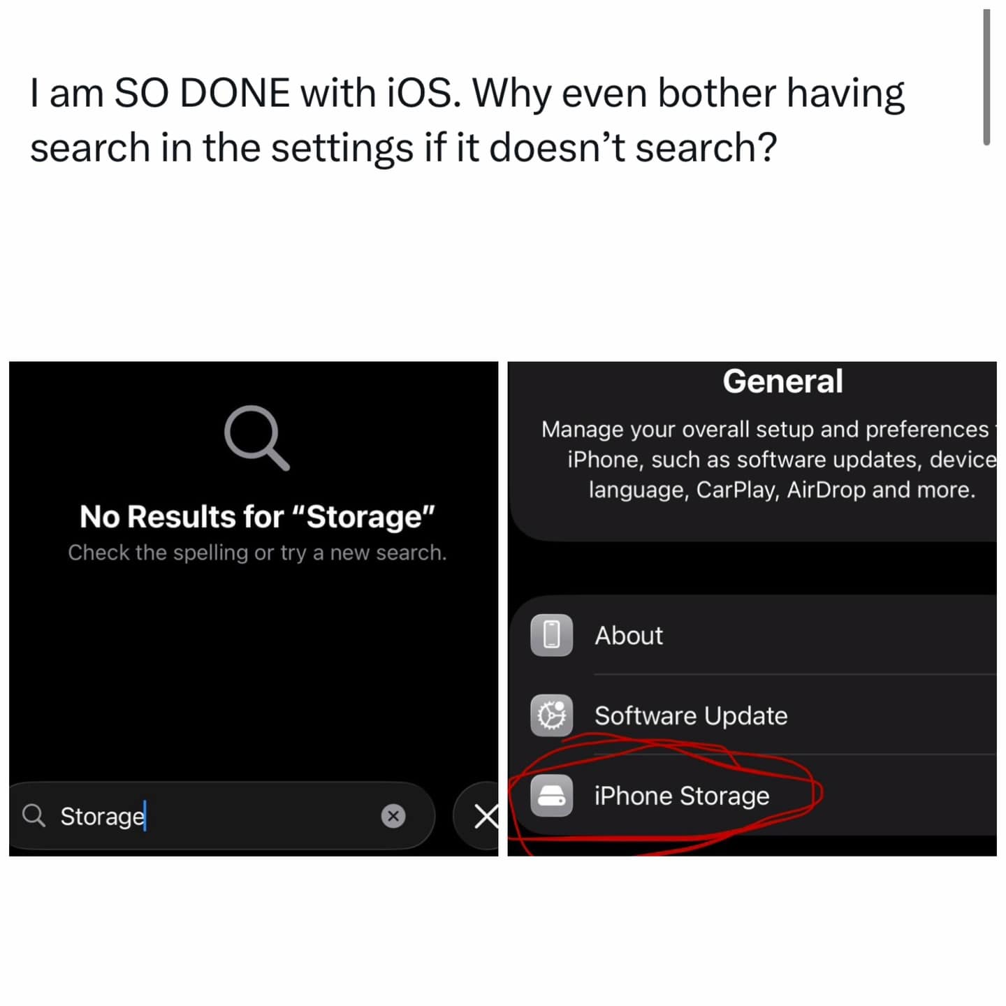 A funny meme showing the frustration of searching for "Storage" in iPhone settings and getting no results despite "iPhone Storage" being right there.
