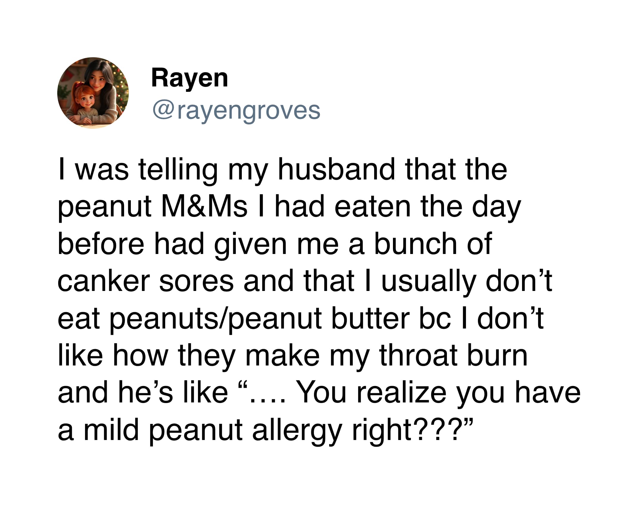 A funny meme tweet where a husband realizes his wife thinks peanuts are spicy due to an undiagnosed allergy.