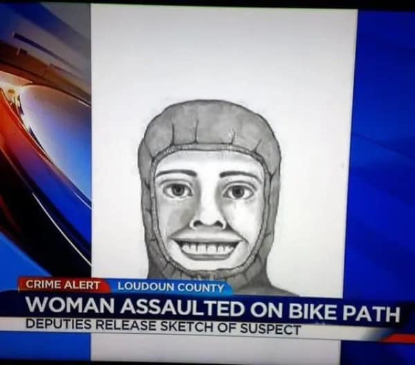 A funny meme showing a terrible police sketch of a smiling suspect in a hoodie on a news broadcast.