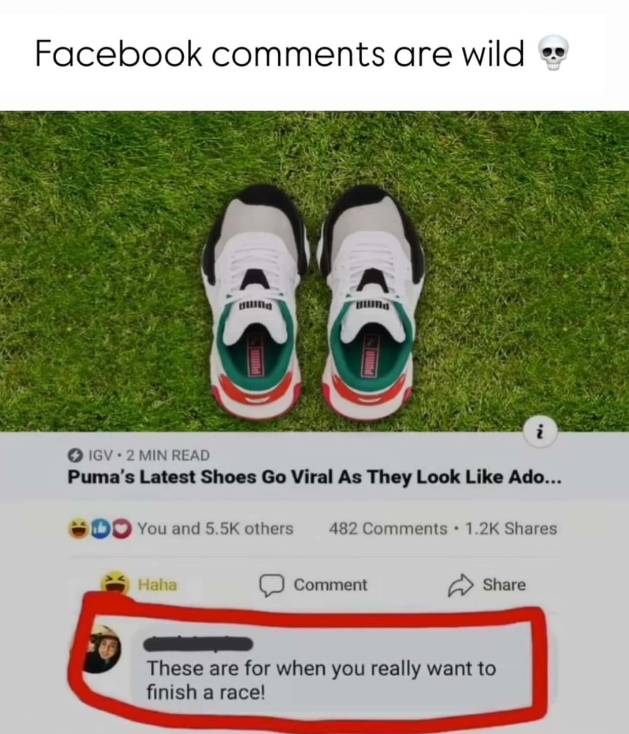 A funny meme showing a pair of Puma shoes that bear a resemblance to a historical dictator, with a comment about "finishing a race."