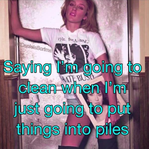 A funny meme showing a woman holding a record, captioned about cleaning just being moving piles around.