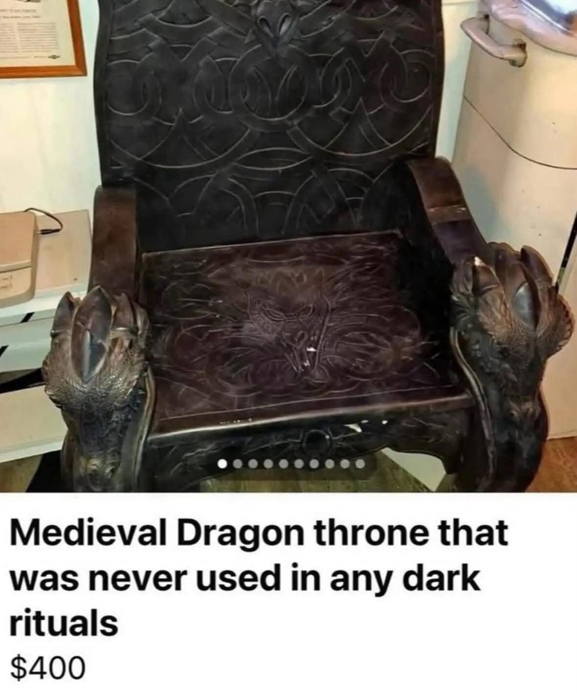 A funny meme listing for a medieval dragon throne that was "never used in any dark rituals" for $400.