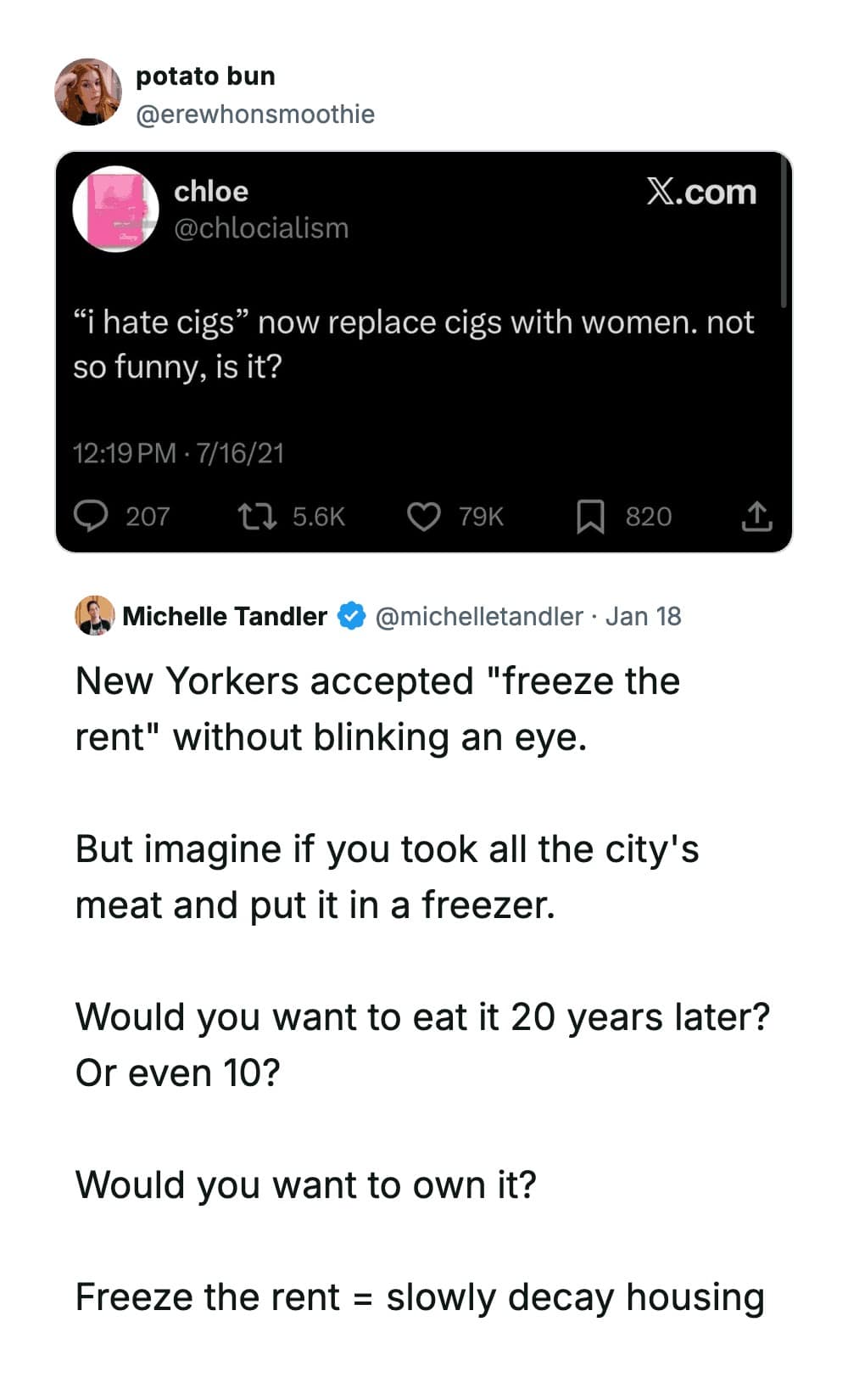 A funny meme tweet response comparing freezing rent to freezing meat.