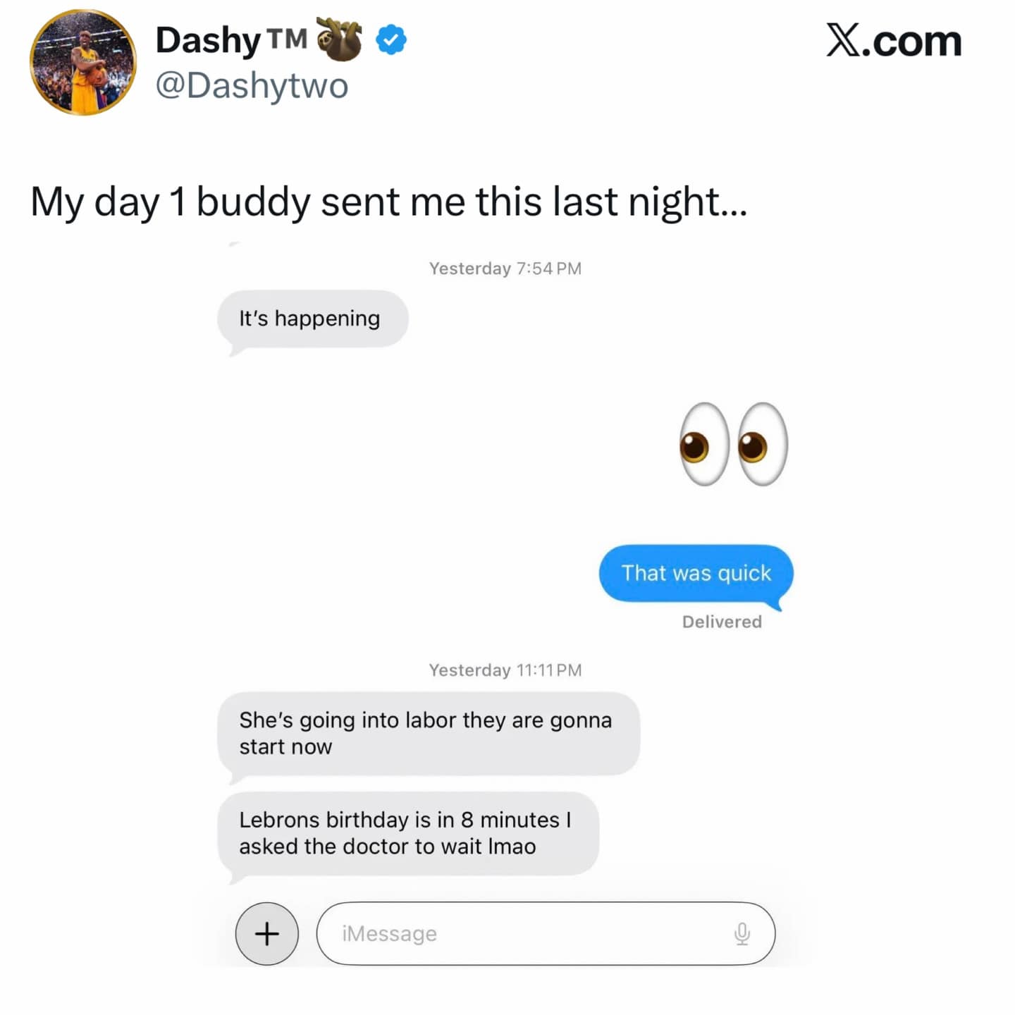 A meme dump text exchange showing a dad asking a doctor to delay labor so the baby shares LeBron's birthday.