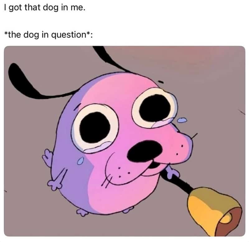 A mental health meme using Courage the Cowardly Dog to represent the phrase "I got that dog in me," implying fear rather than toughness.