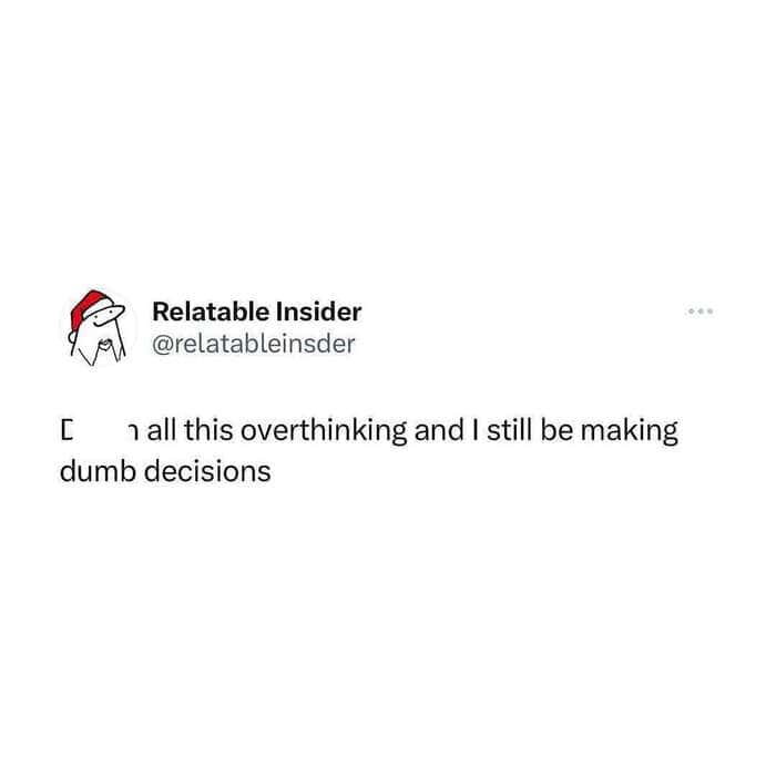 A mental health meme showing a Flork character realizing overthinking didn't stop them from making dumb decisions.