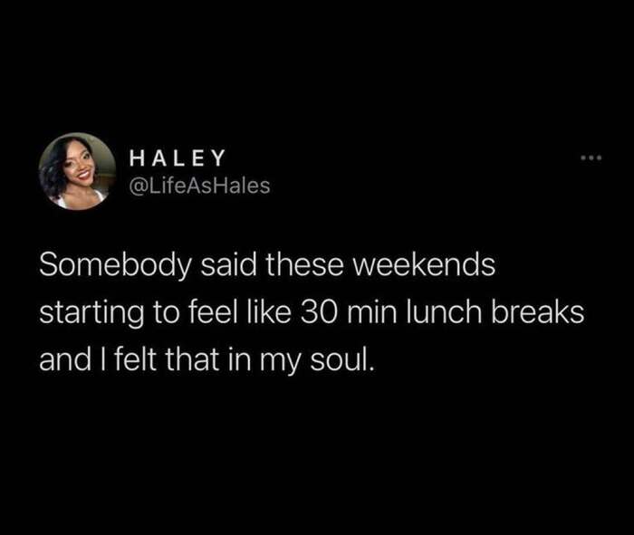 A mental health meme tweet by HALEY comparing short weekends to a 30-minute lunch break.