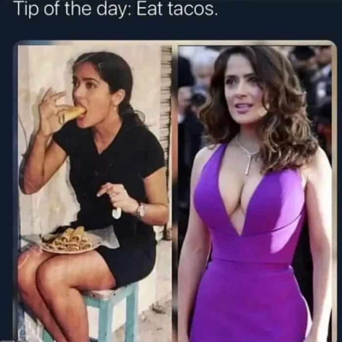 Salma Hayek eating street food compared to her glamorous red carpet look.