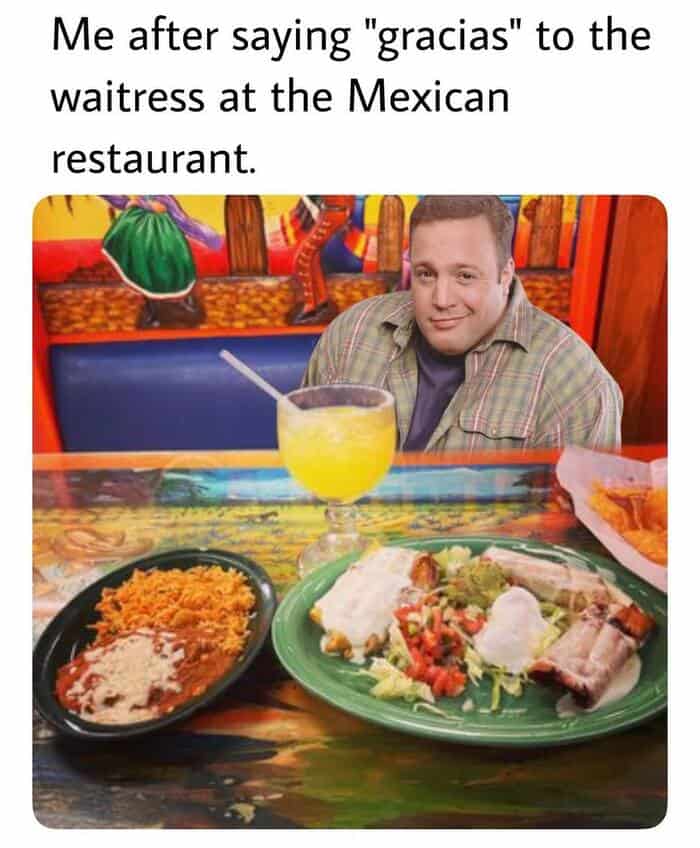 Kevin James looking smug and proud after speaking Spanish at a restaurant.