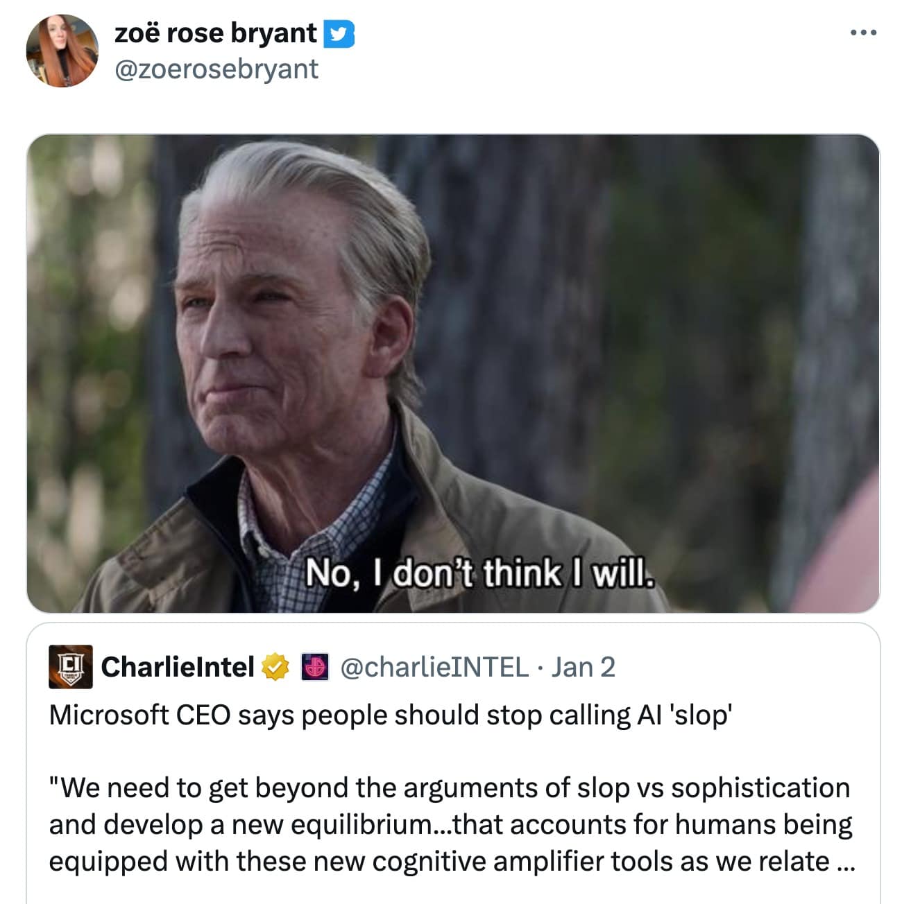 A microslop meme of Captain America saying No I don't think I will to the Microsoft CEO.