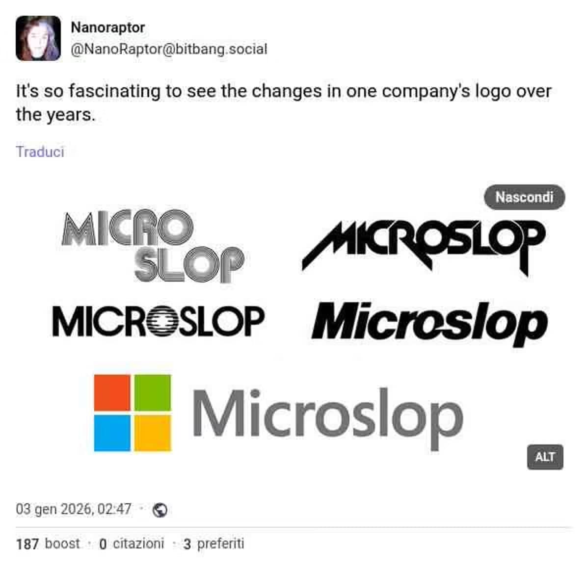 A tweet showing famous band and company logos all changed to read Microslop.