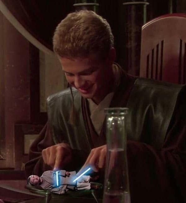 A movie meme showing Anakin Skywalker smiling while preparing to eat a tiny Obi-Wan Kenobi served on a dinner plate.