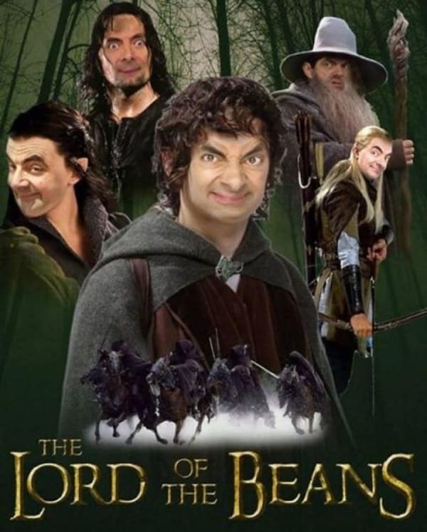A movie meme featuring a Lord of the Rings movie poster where every character's face has been replaced with Mr. Bean, titled "The Lord of the Beans."