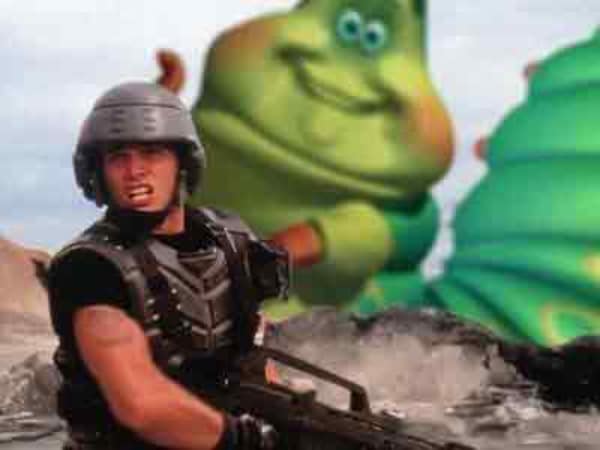 A movie meme mashup showing a soldier from Starship Troopers looking terrified as Heimlich the caterpillar from A Bug's Life looms in the background.