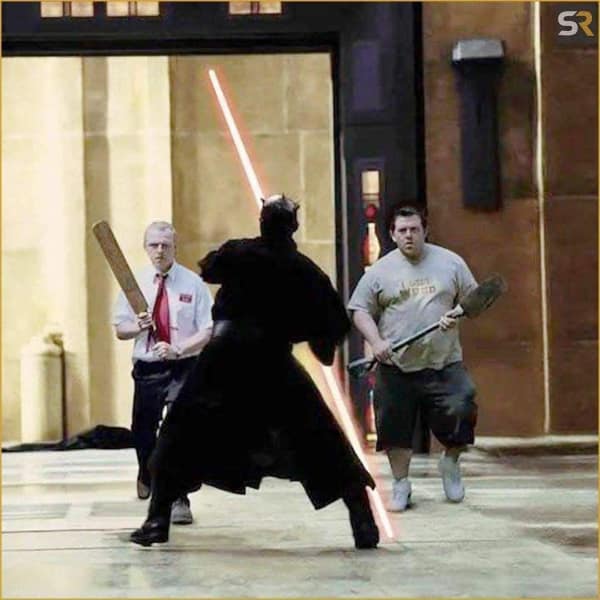 A movie meme mashup featuring the characters from Shaun of the Dead facing off against Darth Maul in a Star Wars lightsaber duel.