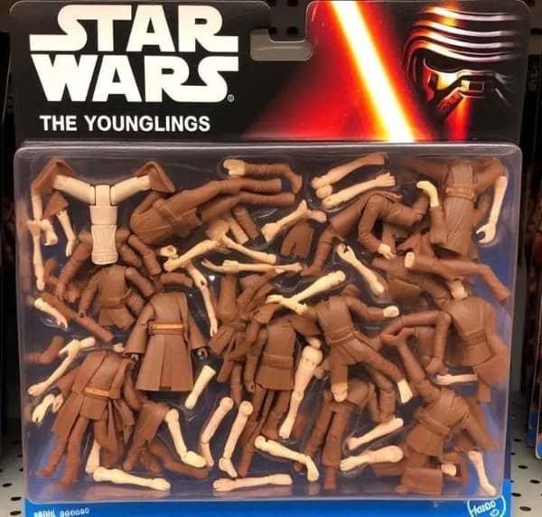 A movie meme showing a Star Wars action figure package labeled "The Younglings" which contains only a pile of severed plastic arms and legs.