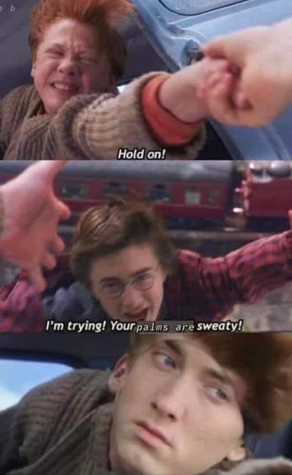 A movie meme mashup featuring a scene from Harry Potter where Harry holds Ron's hand, edited with Eminem's face and lyrics from "Lose Yourself."