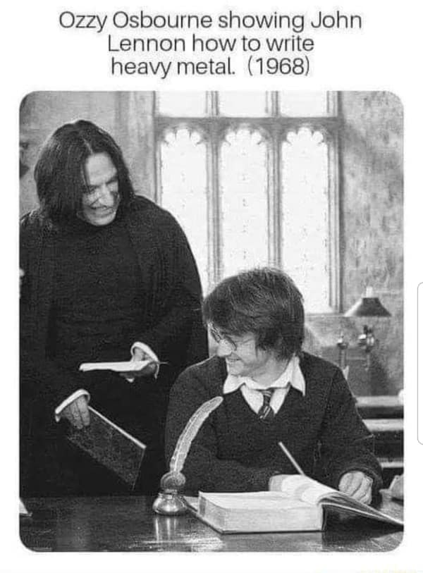 A music meme fake history photo showing Alan Rickman and Daniel Radcliffe labeled as Ozzy Osbourne and John Lennon.