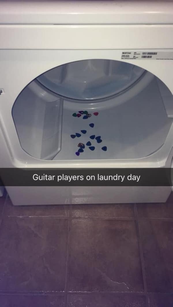 A musician meme showing a dryer drum filled with guitar picks after doing laundry.