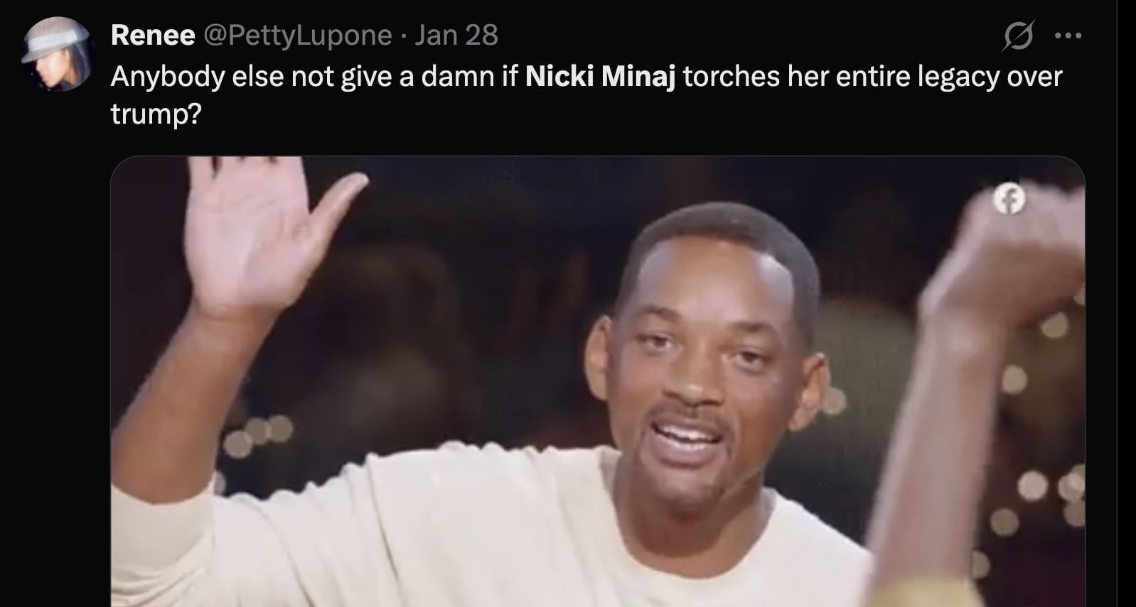 A Nicki Minaj Trump meme asking if anyone else doesn't care if Nicki ruins her legacy, featuring a dismissive Will Smith reaction image.