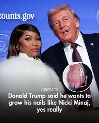 A Nicki Minaj Trump meme photoshopping long white acrylic nails onto Donald Trump's hand while he stands next to Nicki Minaj.