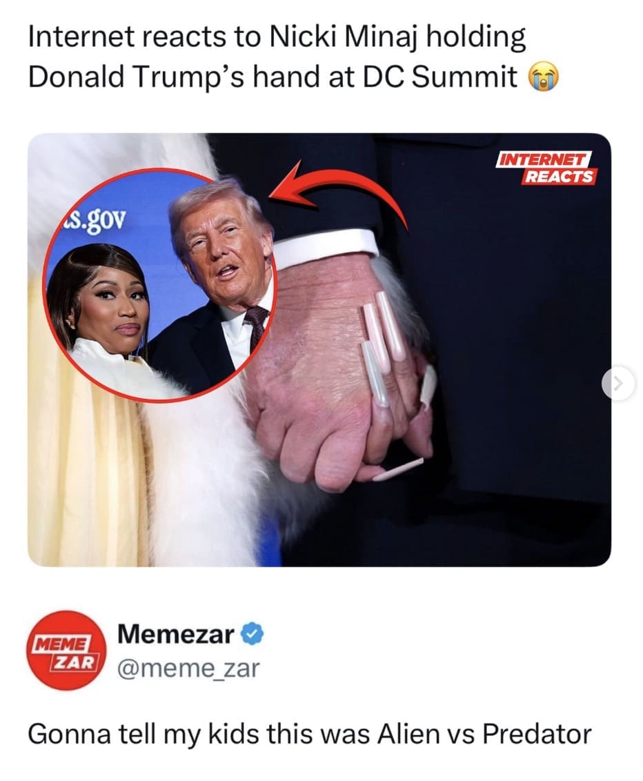 A Nicki Minaj Trump meme by Memezar comparing their hand-holding photo to "Alien vs Predator" due to Nicki's extremely long nails.