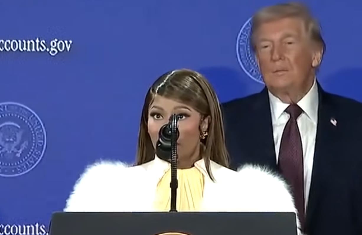 A Nicki Minaj Trump meme showing Nicki speaking at a podium while Donald Trump stands in the background watching her.
