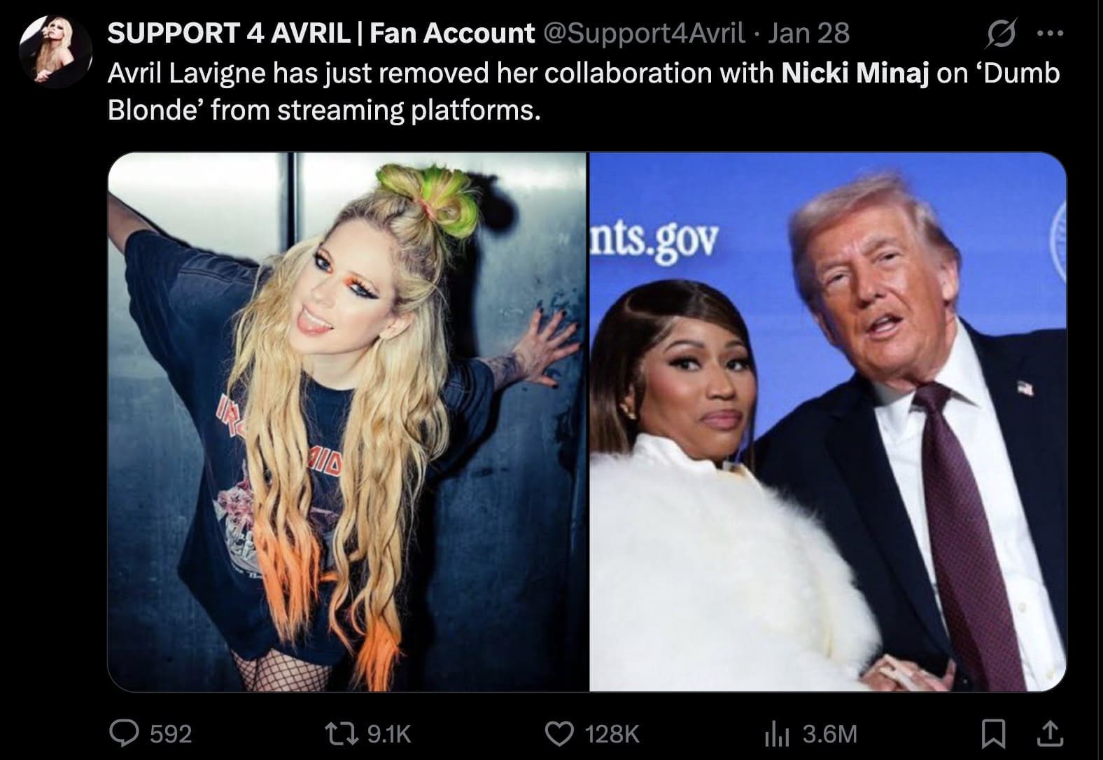 A Nicki Minaj Trump meme tweet claiming Avril Lavigne removed her song "Dumb Blonde" from streaming in response to the Nicki-Trump alliance.